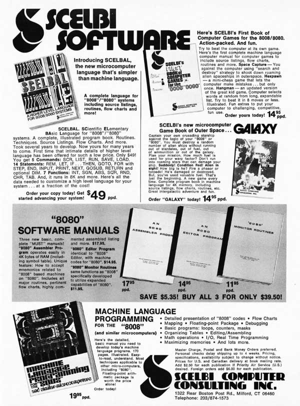 September 1976 SCELBI ad for software
        in Byte